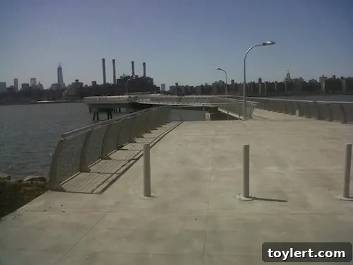 Greenpoint's Transmitter Park Pier Welcomes Visitors 2 Greenpoint's Transmitter Park pier extending into the East River, with a panoramic view of the iconic Midtown Manhattan skyline under clear skies.