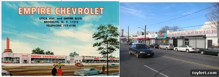 Empire Chevrolet: From Foundations to Future 2 A historical and modern composite image showcasing Empire Chevrolet at 1-45 Remsen Avenue in East Flatbush, Brooklyn, highlighting urban transformation over time.