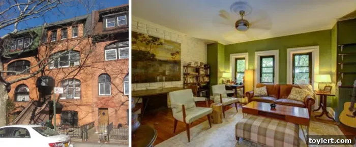 Today's Must-See Rental: 489 4th Street, Unit 3 2 Classic Park Slope Victorian apartment interior featuring unique 1970s design elements like Permastone and Formica in a two-bedroom layout near Prospect Park, Brooklyn. The image highlights a vintage living room with a distinctive Permastone wall.