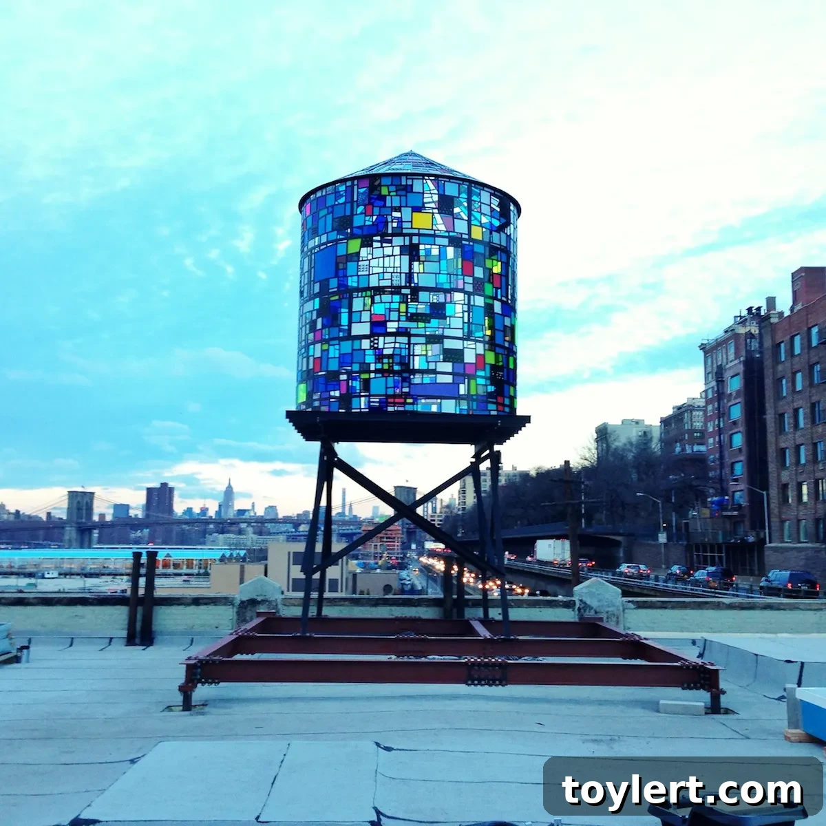 Tom Fruin's Luminous Glass Water Tower Brightens Brooklyn Bridge Park 2 tom fruin water tower brooklyn heights 122014