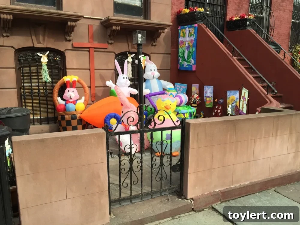 Easter Celebrations in Clinton Hill 2 A beautifully decorated yard for Easter at 141 St. James Place in Clinton Hill, Brooklyn, featuring colorful eggs, bunnies, and spring flowers.