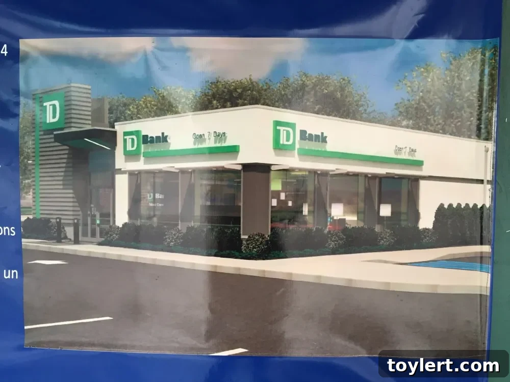 Rendering of the new TD Bank branch at 957 Marcy Avenue, Bed-Stuy, showing a modern one-story building.