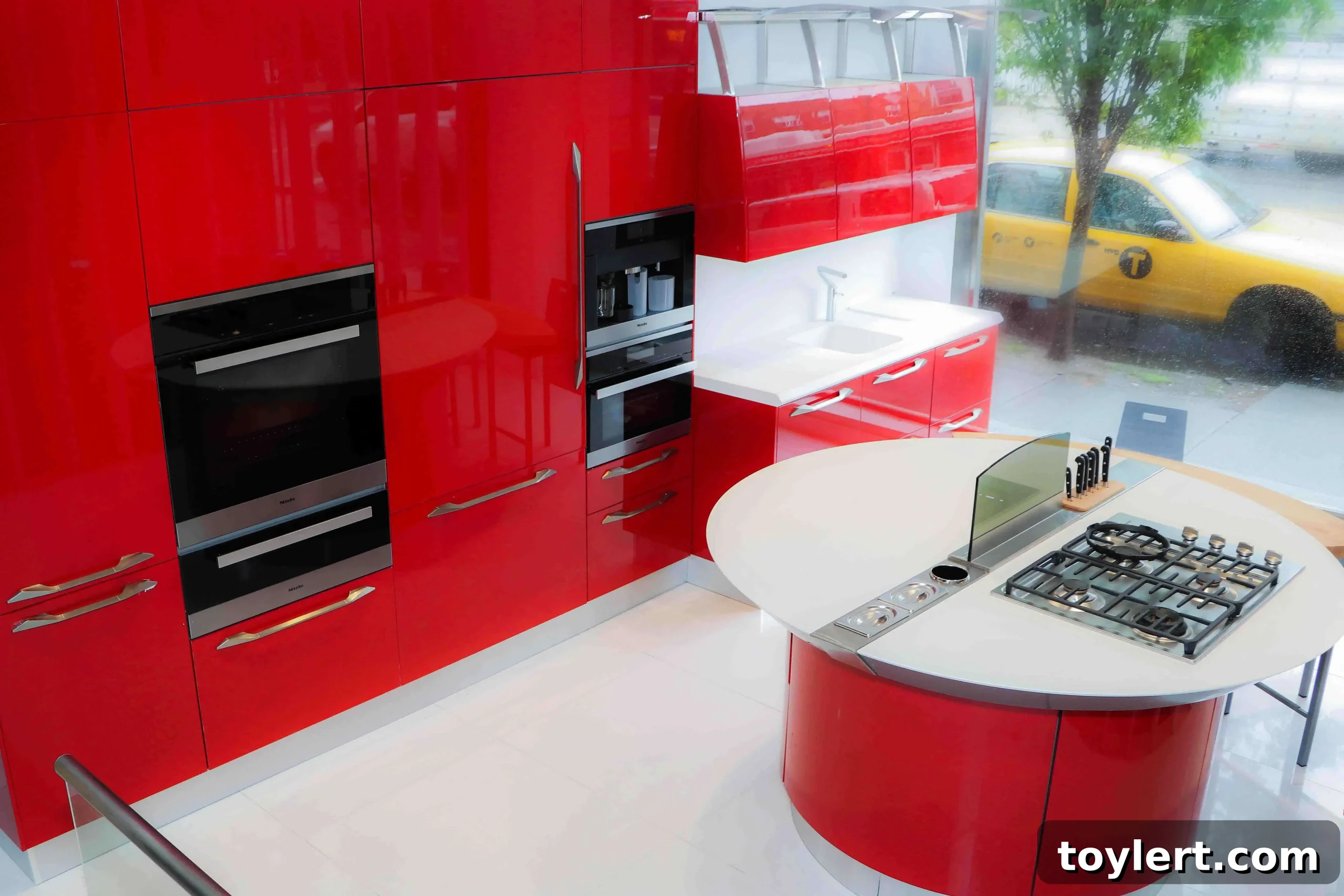 Contemporary kitchen interior showcasing a sophisticated design with integrated high-end appliances, featuring a large island with seating, dark cabinetry, and sleek countertops, highlighting top appliance brands.