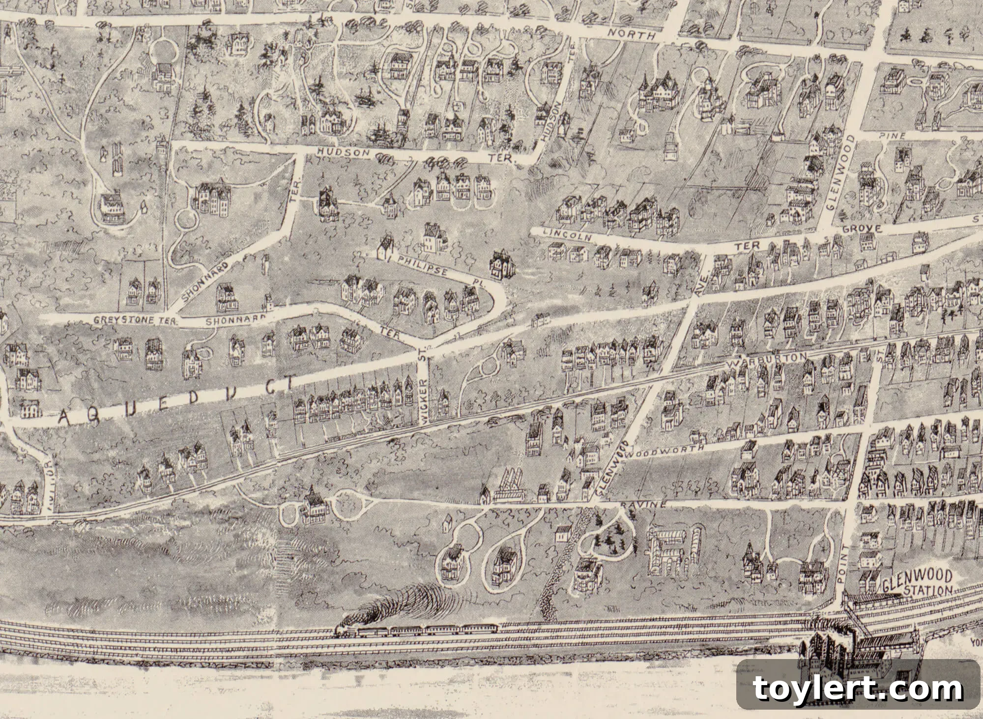 Commanding Hudson Vistas: Your $1.65 Million Yonkers Colonial Revival 2 Historic Hudson Terrace homes in Yonkers, New York, with river views, depicted in an 1899 bird's-eye map