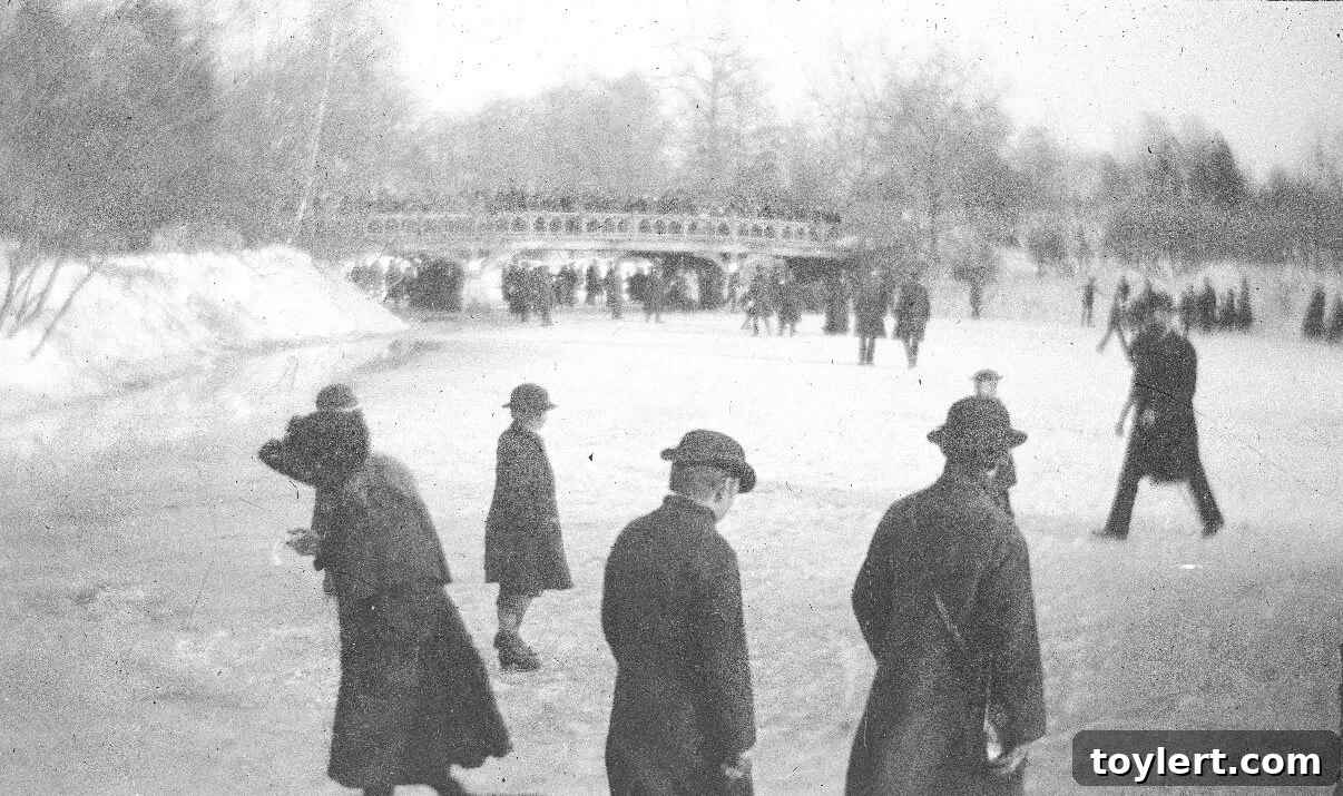 Vintage image of skaters on frozen lake in Prospect Park, Brooklyn, circa late 19th century.