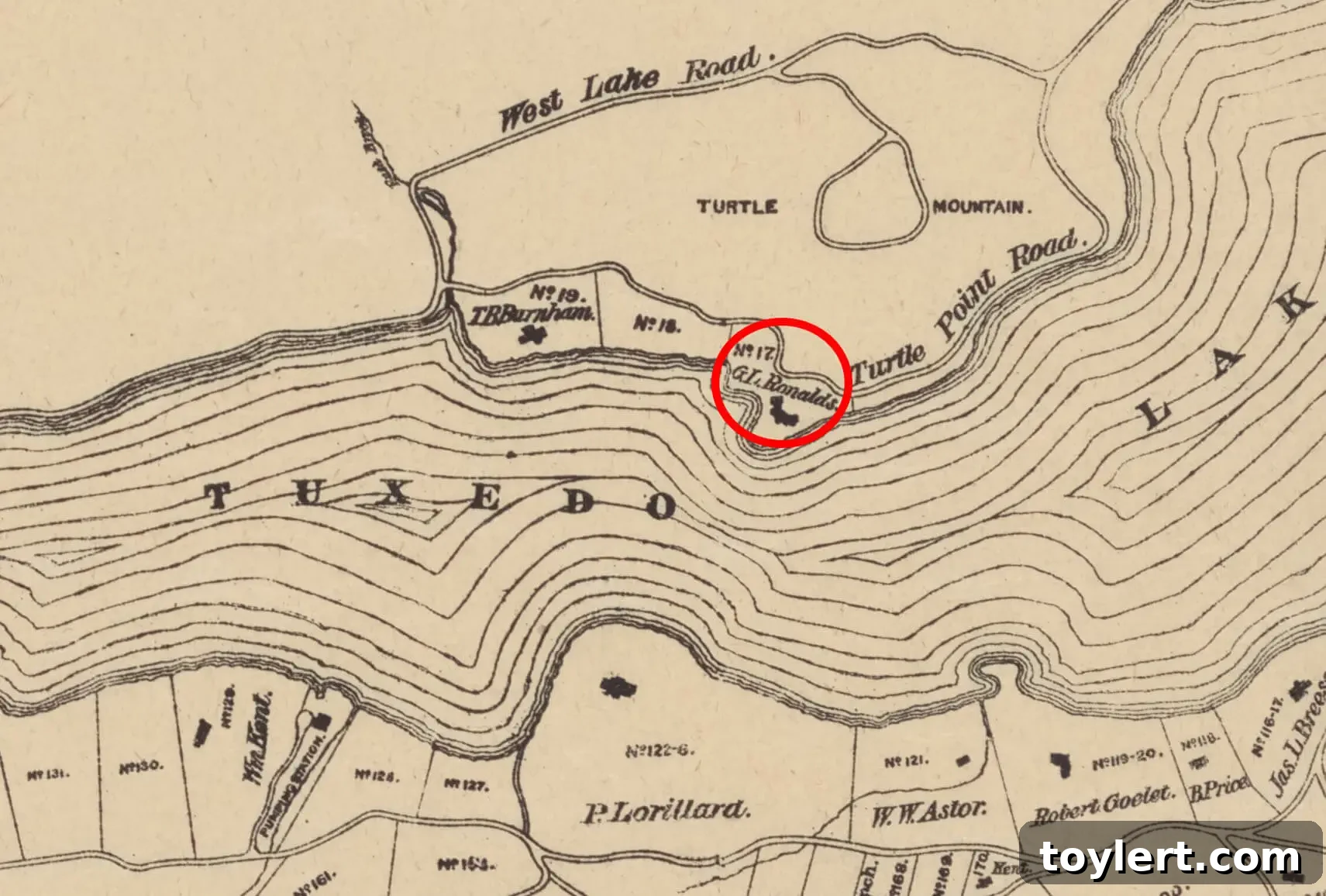 Bruce Price's Monumental Lakeside Estate at Tuxedo Park 2 The Ronalds house at 79 Turtle Point Road in Tuxedo Park, a Gilded Age stone mansion circled in red on an 1892 map, illustrating its prominent location within the historic community.