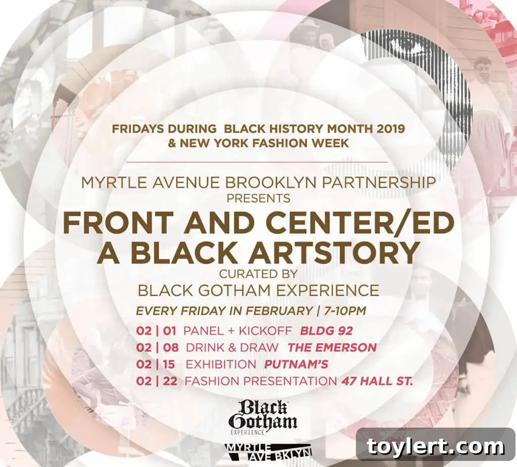 People gathering at a cultural event in Brooklyn, celebrating Black Artstory Month with a focus on community and artistic expression, featuring diverse attendees engaging with art.