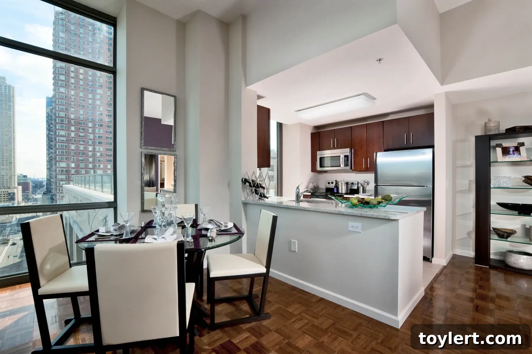 Panoramic view of Monaco luxury apartments in Jersey City with Manhattan skyline in the background