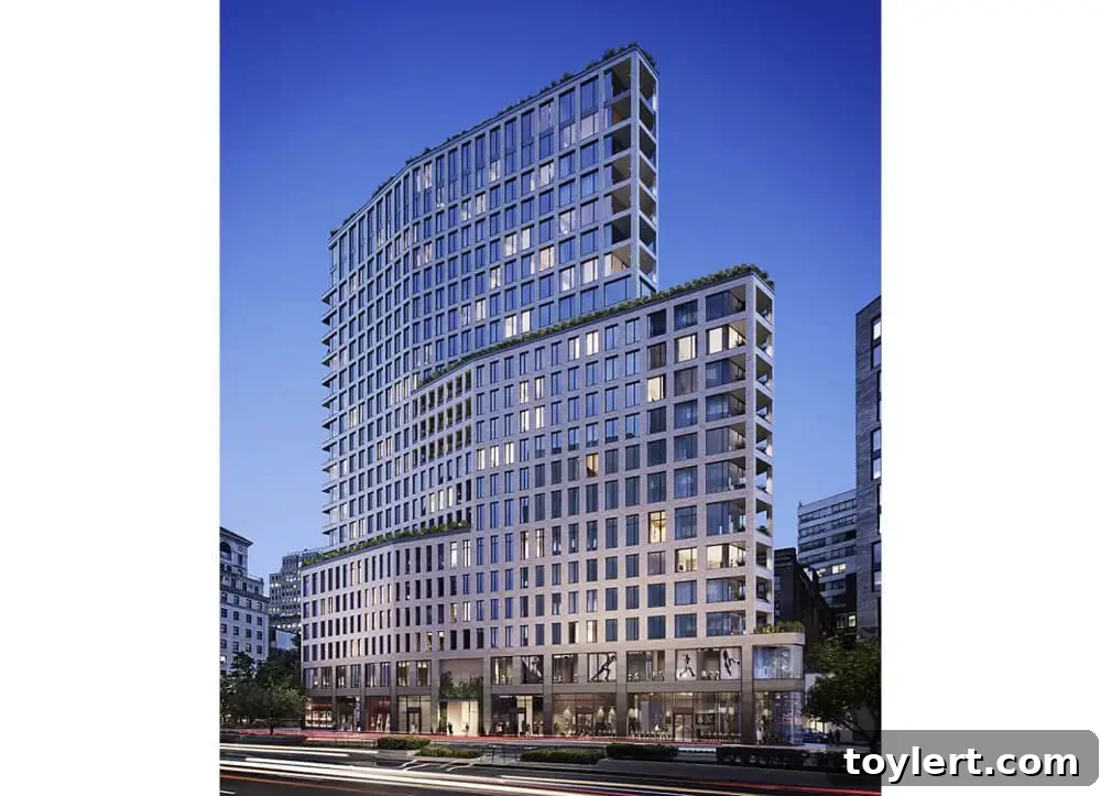 Rendering of 1 Boerum Place, a 21-story luxury residential tower in Downtown Brooklyn designed by SLCE Architects, showcasing its distinctive curved facade and setbacks.