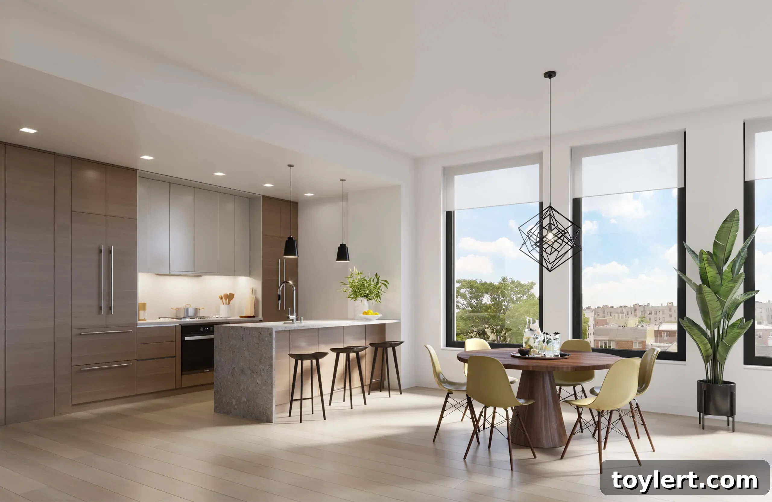 A modern luxury kitchen at The Rowan, featuring sleek white cabinetry, integrated high-end appliances, a spacious island with seating, and ample natural light from large windows.