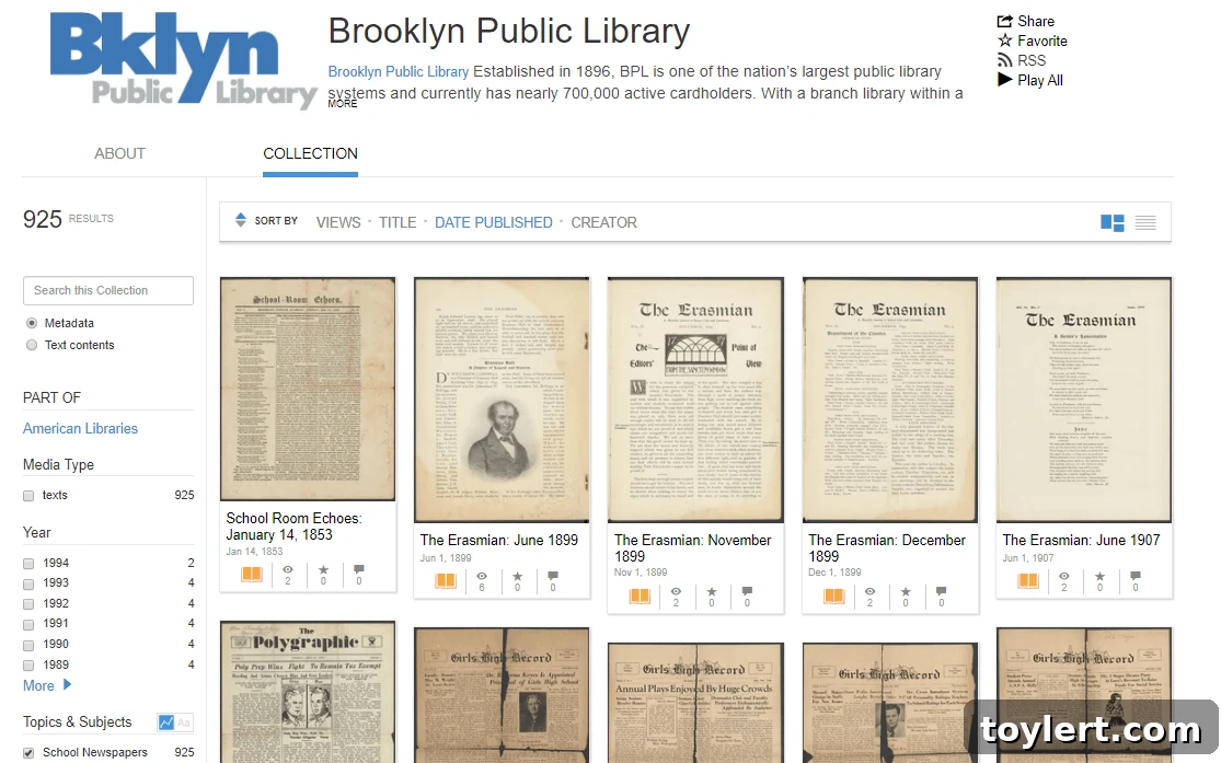 A digital screenshot from the Internet Archive showing a page from a digitized Brooklyn high school newspaper, illustrating the wealth of historical information available.