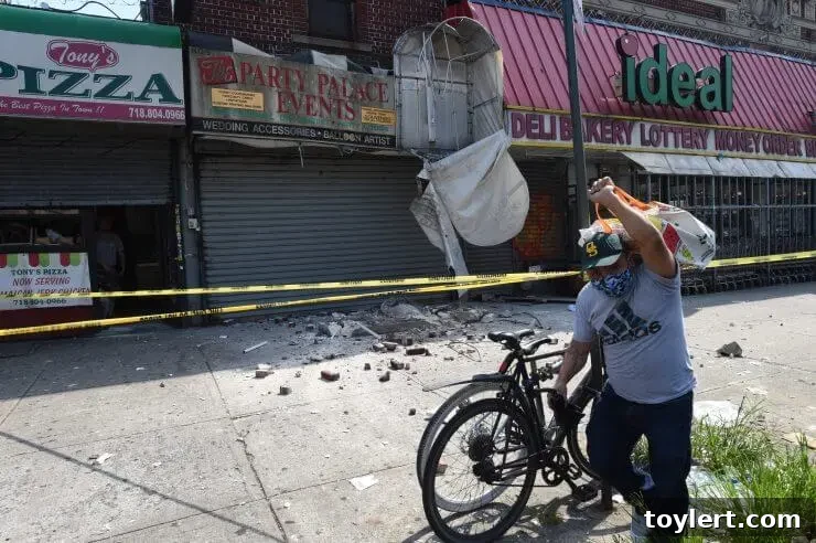 Facade collapse in Crown Heights, Brooklyn, injuring one pedestrian. The image shows debris on the sidewalk after concrete and brick fell from a building.