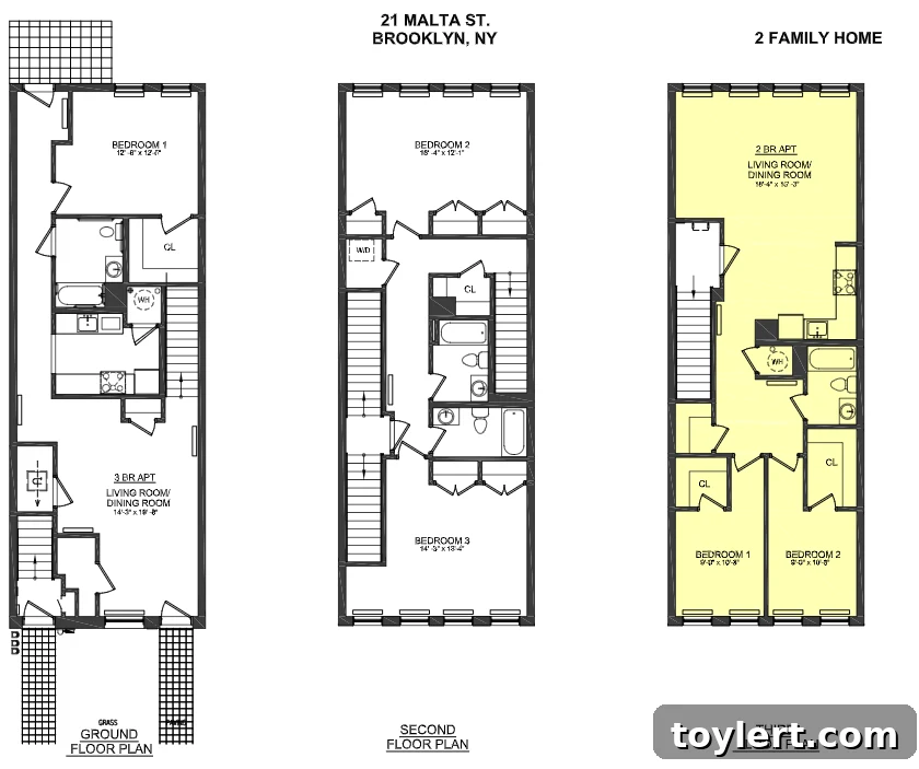 Detailed floor plans for the house located at 21 Malta Street, meticulously illustrating the layout of bedrooms, living areas, and kitchens across multiple units, providing a clear understanding of the efficient interior space distribution and potential for versatile living.