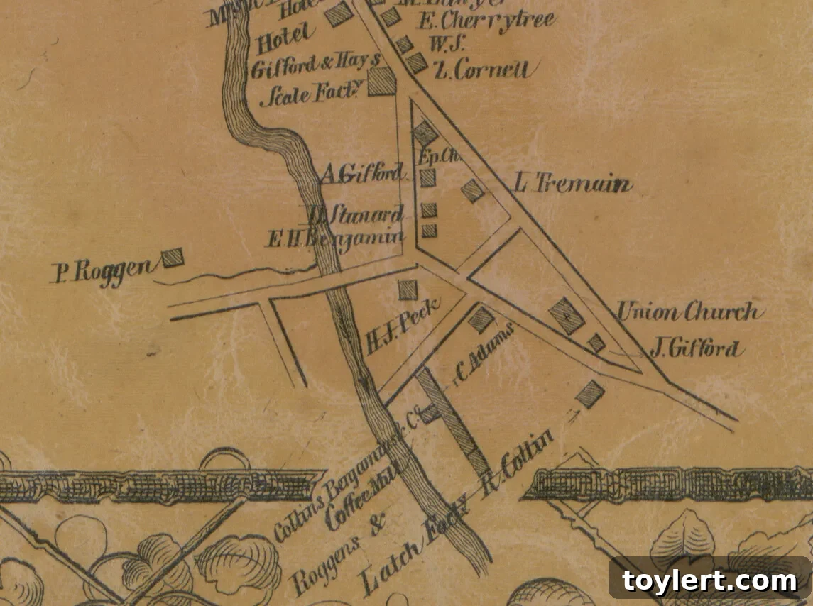 Historic map of Oak Hill showing C. Adams property in 1856, identifying The Icicle House location