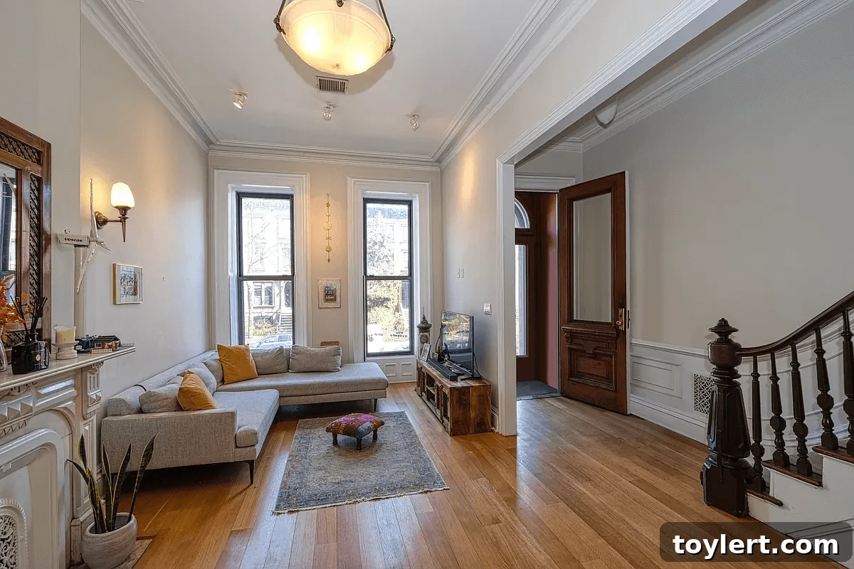 Interior of an 1880s Neo-Grec brownstone in Carroll Gardens, featuring original details and recent updates. The image shows a beautifully preserved interior space, possibly a living room or dining area, highlighting the architectural elegance and modern comfort.
