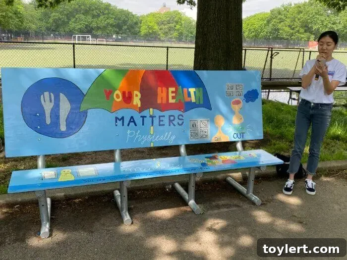 A teaching artist and students gather around a newly painted park bench mural with vibrant colors and positive messages. The bench showcases student art focused on social issues like kindness and respect in Prospect Park, Brooklyn.