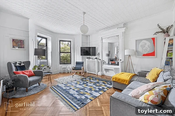 Stunning interior of a spacious Park Slope bedroom with original details