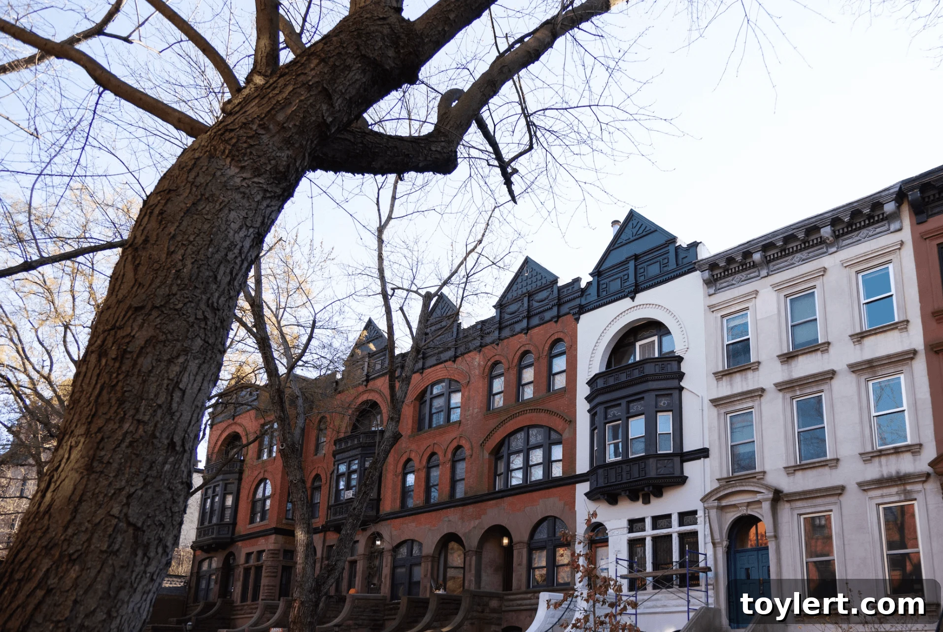 A picturesque row of historic brownstone buildings in New York City, illustrating the unique properties requiring specialized insurance.