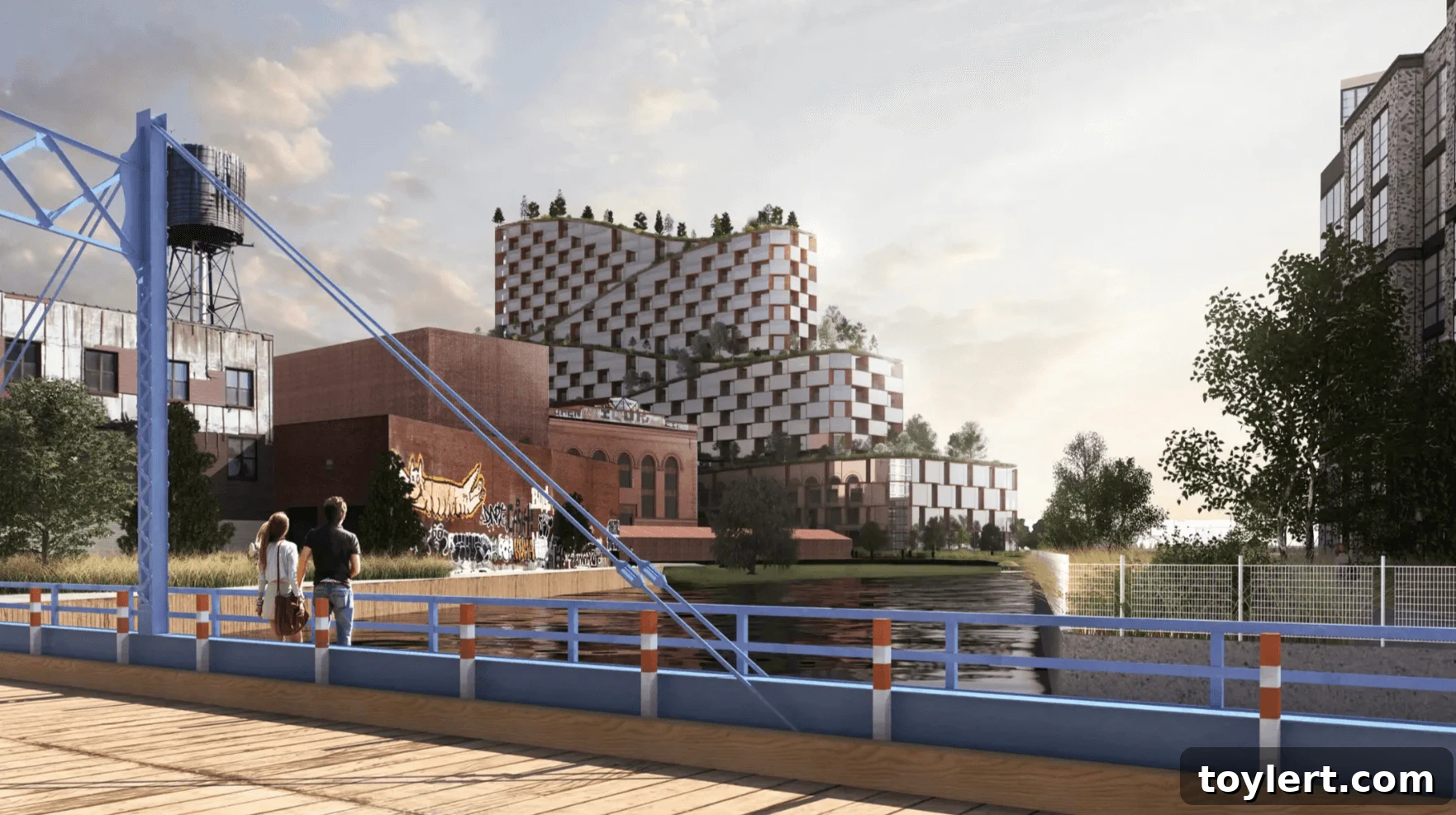 Rending of 175 3rd Street seen from the 3rd Street Bridge, showcasing the tiered architecture and waterfront integration.