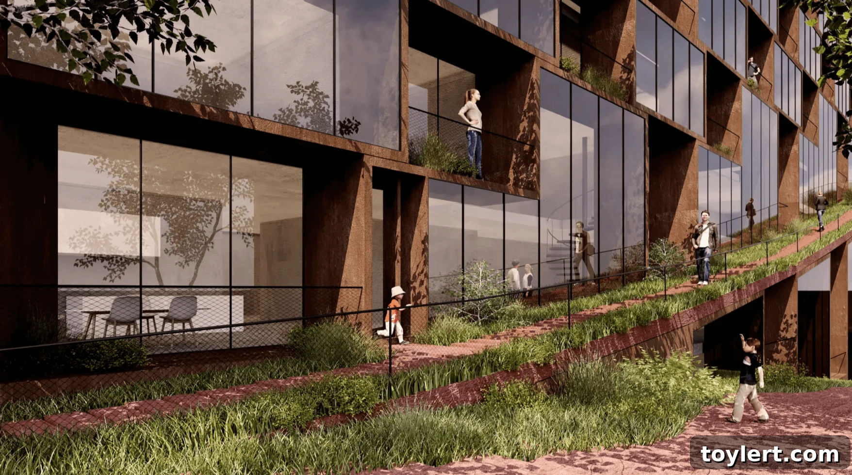 Detail of a grassy ramp integrated into the 175 3rd Street development, designed to connect upper levels with public green spaces.