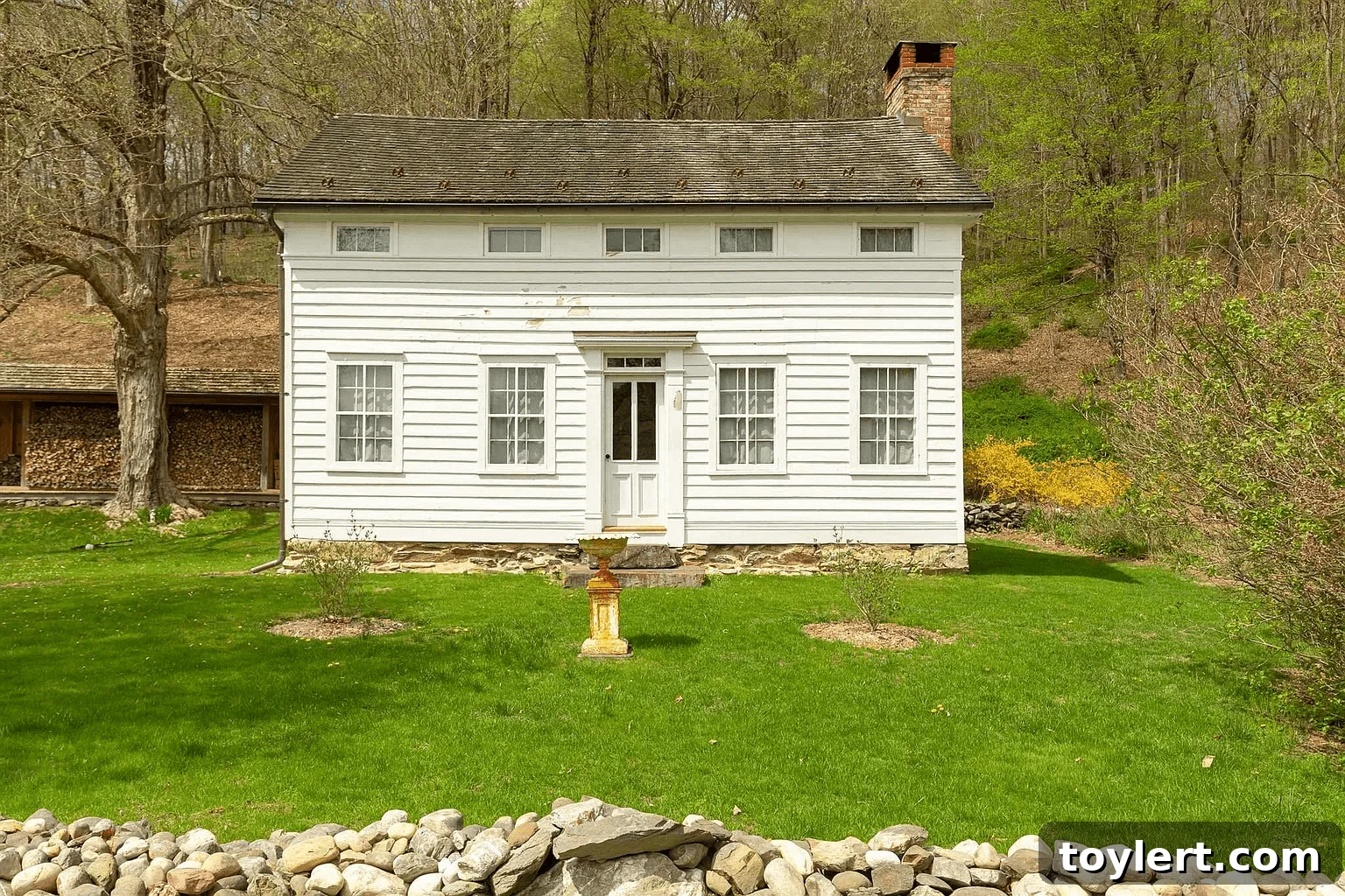 Stunning main facade of a white Greek Revival house with grand columns and symmetrical design, nestled amidst green landscaping in Dutchess County.