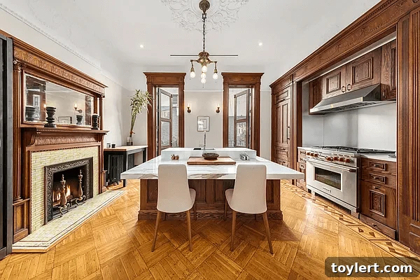 Park Slope Gem Fully Renovated Row House with Central Air Priced From $1.999 Million 2 A stunning, modern kitchen in a Brooklyn open house featuring a classic mantelpiece, a large central island perfect for entertaining, and elegant finishes, showcasing luxury living in Park Slope.