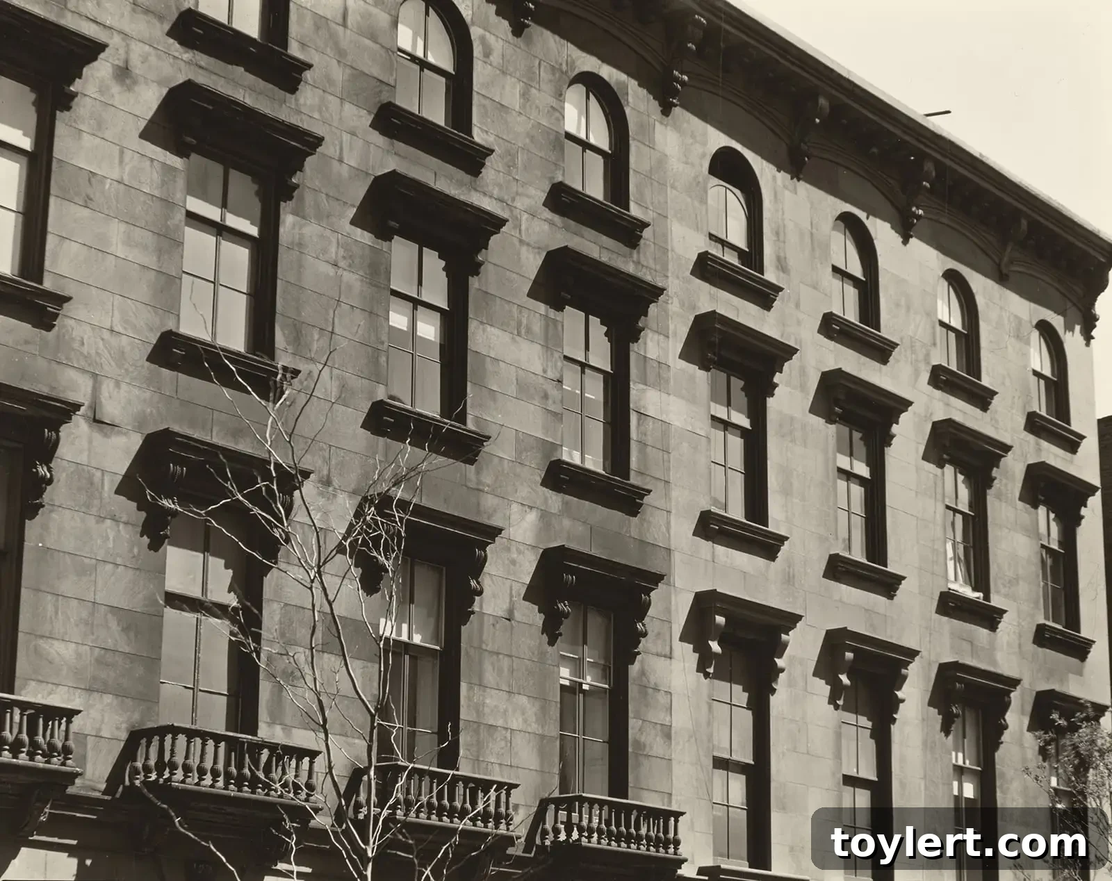 Black and white photograph depicting multiple elegant brownstone facades along Columbia Heights in Brooklyn Heights, taken in 1936. The stoops, windows, and decorative architectural details are clearly visible, showcasing classic Brooklyn brownstone architecture.