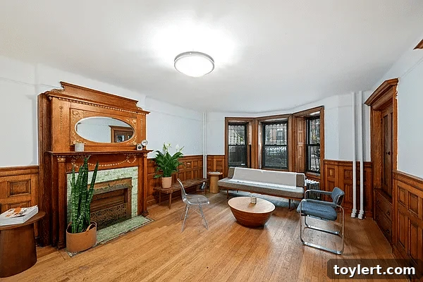 Discover Brooklyn Heights: A Row House and Unseen Potential From $1.999 Million 3 Elegant dining room with classic wainscoting and a decorative mantelpiece.