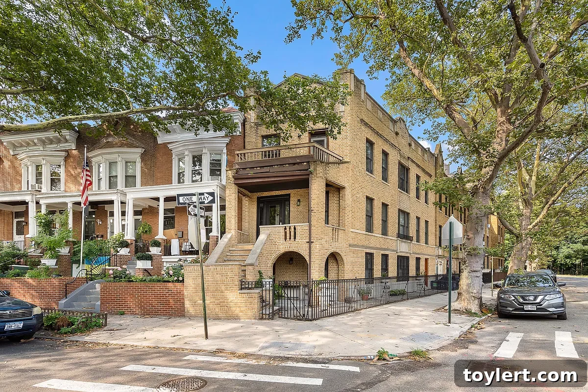 A charming brick two-family house situated on a corner lot in Brooklyn