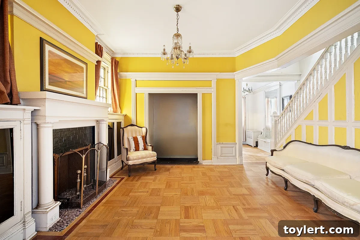 Elegant parlor with pristine wood floors and a classic mantelpiece in a historic Brooklyn brownstone