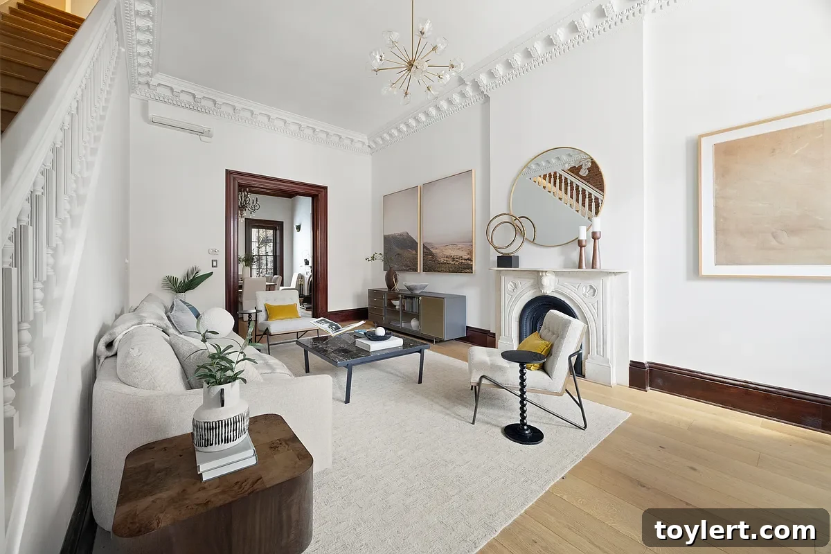 Elegant parlor in a Brooklyn brownstone, featuring intricate plasterwork and a classic mantelpiece, suggesting historic luxury.