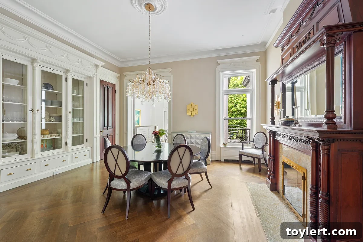 Elegant dining room with a stately mantel, period built-ins, and classic design in a Park Slope brownstone.