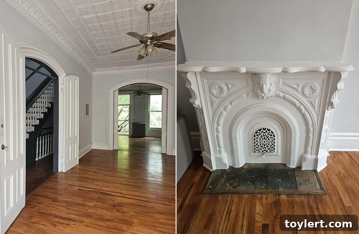 Bay Ridge Semi-Detached Gem with Garage 3 Collage view of a parlor with elegant wood floors and a detailed close-up of a classic mantelpiece in a historic Brooklyn brownstone