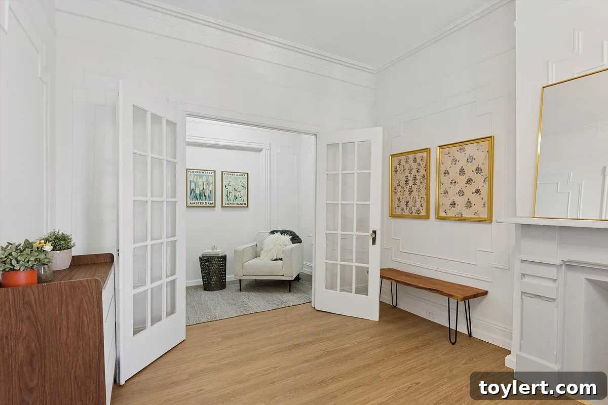 Expansive living room with elegant French doors, white walls, and abundant natural light, showcasing classic Brooklyn architectural details.