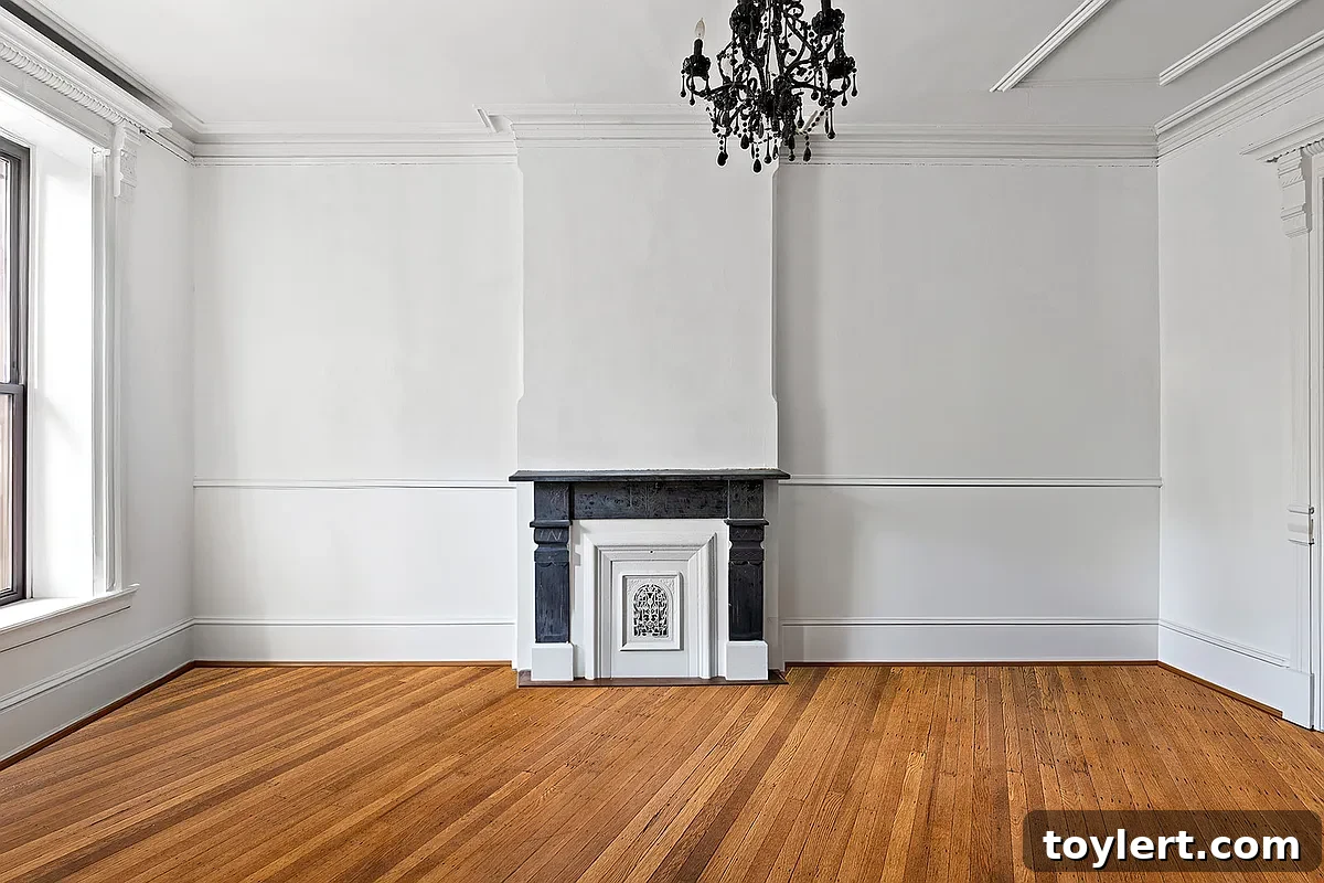 Elegant parlor with high white walls, a classic mantelpiece, and original architectural details, embodying Bed-Stuy charm.