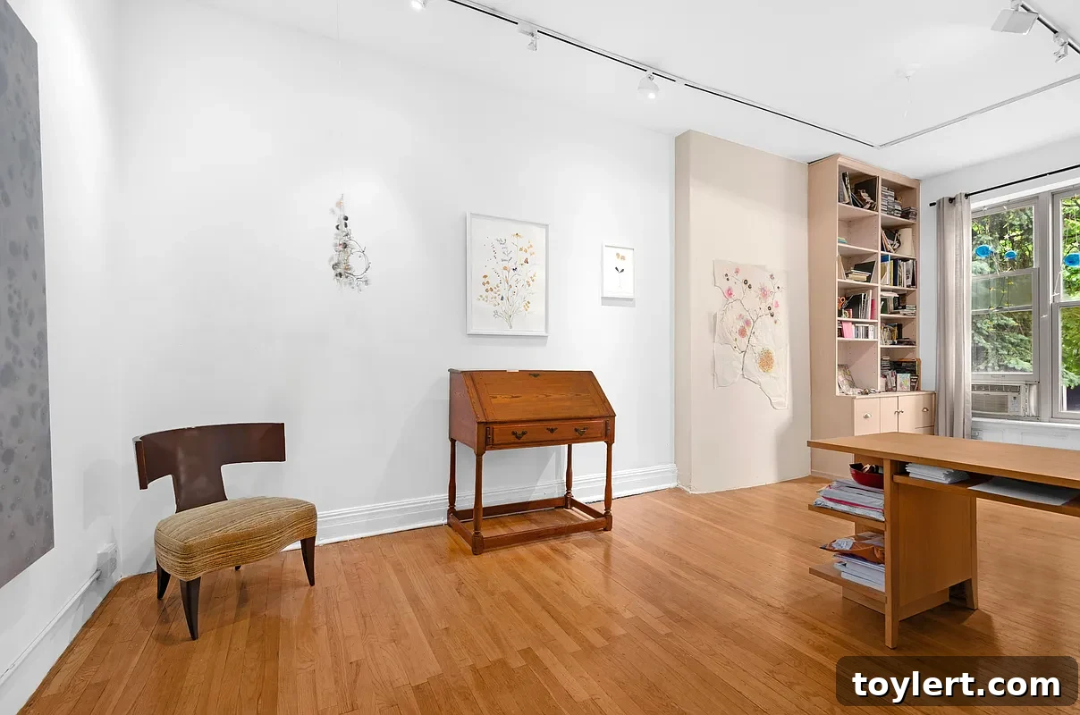 Spacious, bright room with polished hardwood floor, large windows offering abundant natural light, and a minimalist design, suggesting modern comfort in a Greenpoint home.
