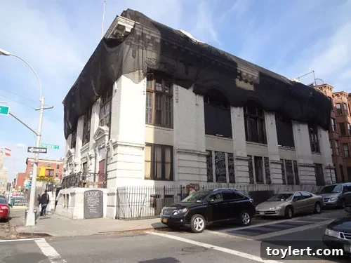 Wednesday's Web Gems 2 A historic building, the Lyceum, often appears shrouded or under renovation, symbolizing ongoing urban development in Brooklyn.