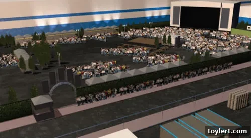 Williamsburg Park Venue Concept 1 Artistic rendering of Williamsburg Park, showing a large outdoor concert venue with a stage and crowd area under an open sky.