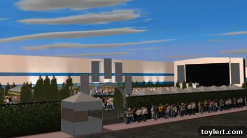 Williamsburg Park Design Concept 2 Second artistic rendering of Williamsburg Park, detailing stage setup, sound towers, and audience flow within the open-air venue.