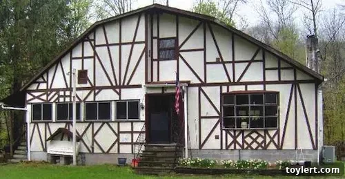 Ulster County Short Sale Roundup 2 Exterior view of a 1960s Tudor-style house at 6381 Route 28, Phoenicia, needing renovation.