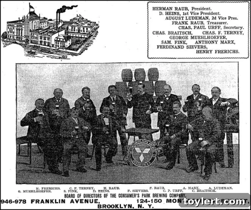 Consumer's Brewery, Bklyn Eagle. 7.1.1900 A historic black and white photograph depicting the Consumers Park Brewery complex in Brooklyn, dated July 1, 1900. The image showcases the sprawling industrial architecture, characteristic of late 19th-century breweries, with multiple brick buildings and prominent smokestacks under a vast sky, symbolizing Brooklyn's industrial might.